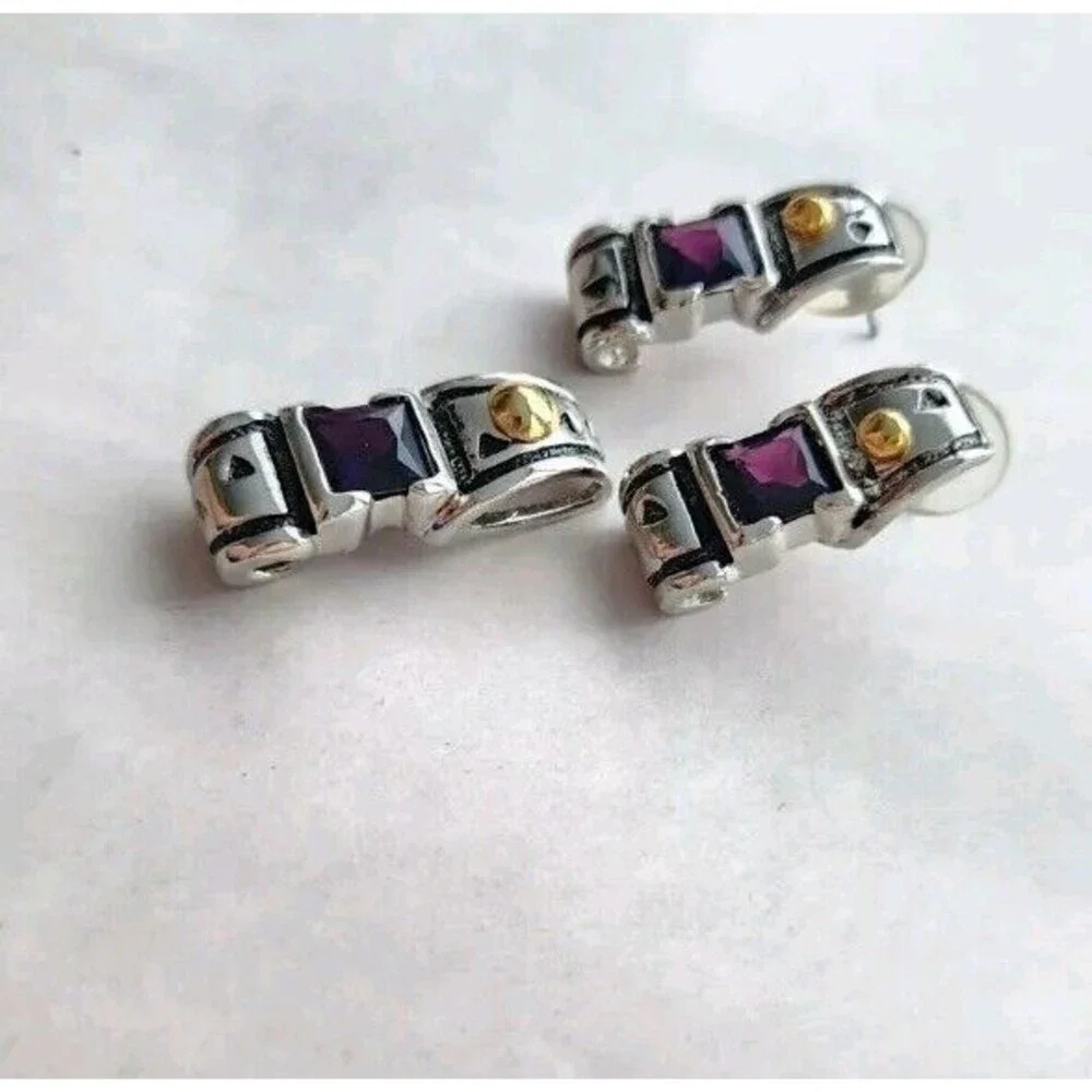 Statement Pendant & Earrings Set Classic Two Tone Amethyst‎ Purple Stone Elegant